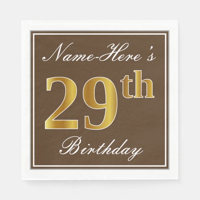 Elegant Brown, Faux Gold 29th Birthday + Name Napkin (Front)