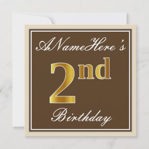Elegant, Brown, Faux Gold 2nd Birthday + Name Invitation