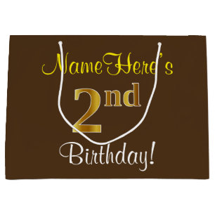 Elegant, Brown, Faux Gold 2nd Birthday + Name Large Gift Bag