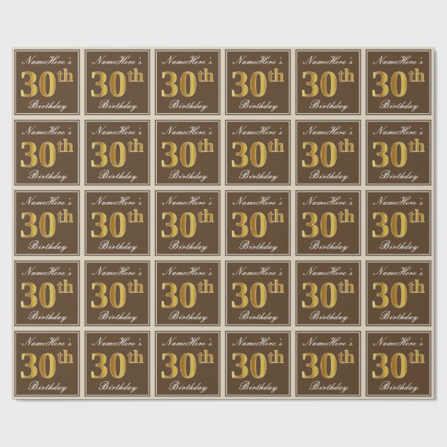Elegant, Brown, Faux Gold 30th Birthday + Name Wrapping Paper (Flat)