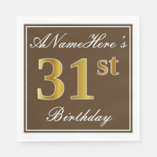 Elegant Brown, Faux Gold 31st Birthday + Name Napkin