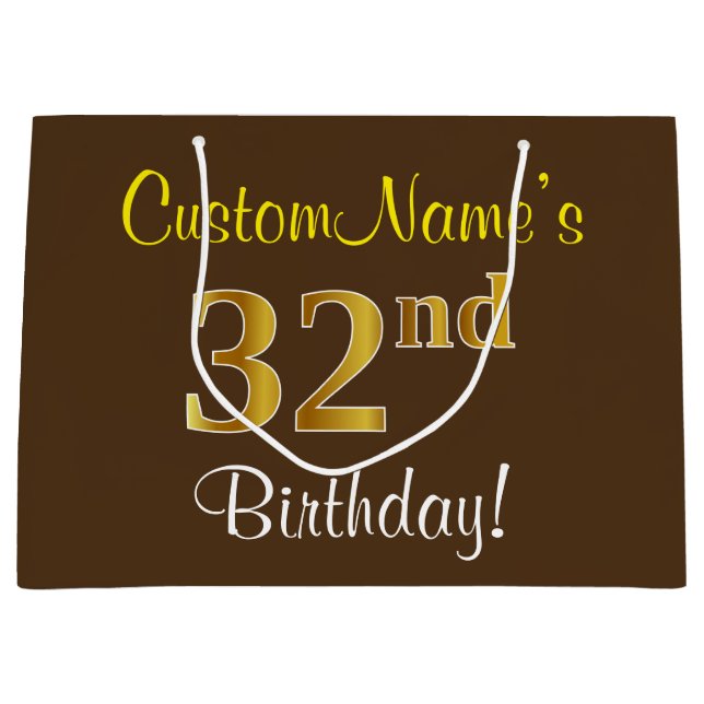 Elegant, Brown, Faux Gold 32nd Birthday + Name Large Gift Bag (Front)
