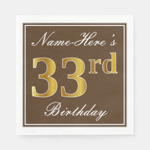 Elegant Brown, Faux Gold 33rd Birthday + Name Napkin
