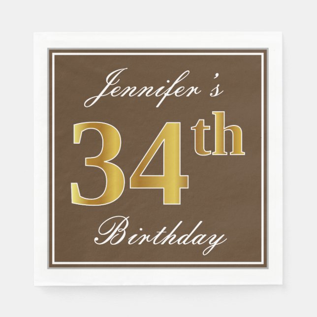 Elegant Brown, Faux Gold 34th Birthday + Name Napkin (Front)