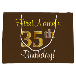 Elegant, Brown, Faux Gold 35th Birthday + Name Large Gift Bag
