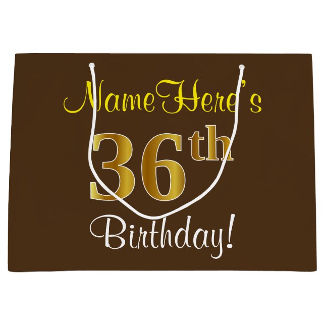 Elegant, Brown, Faux Gold 36th Birthday + Name Large Gift Bag (Front)