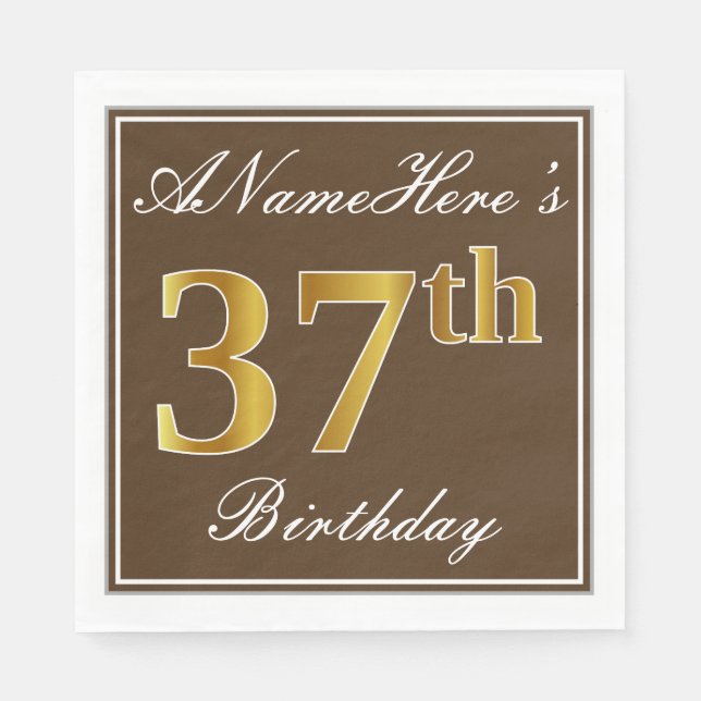 Elegant Brown, Faux Gold 37th Birthday + Name Napkin (Front)