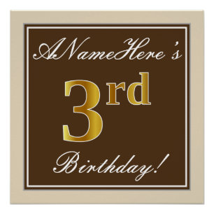 Elegant, Brown, Faux Gold 3rd Birthday + Name Poster