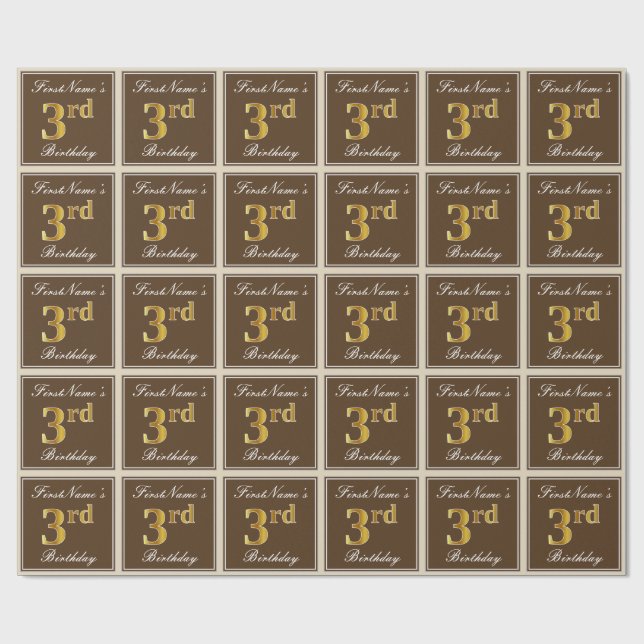Elegant, Brown, Faux Gold 3rd Birthday + Name Wrapping Paper (Flat)