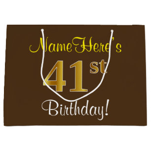 Elegant, Brown, Faux Gold 41st Birthday + Name Large Gift Bag