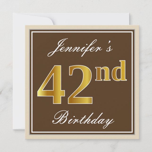 Elegant, Brown, Faux Gold 42nd Birthday + Name Invitation (Front)