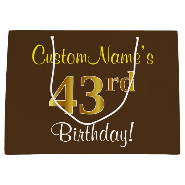 Elegant, Brown, Faux Gold 43rd Birthday + Name Large Gift Bag (Front)