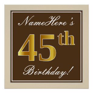 Elegant, Brown, Faux Gold 45th Birthday + Name Poster