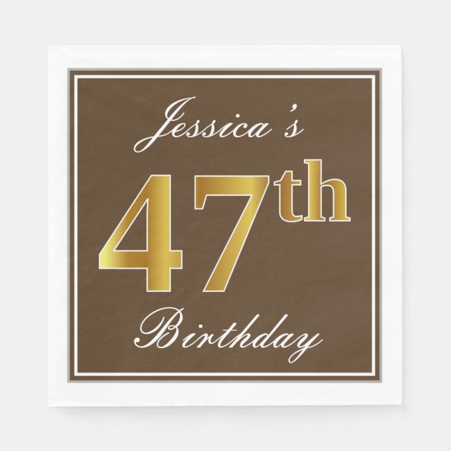 Elegant Brown, Faux Gold 47th Birthday + Name Napkin (Front)