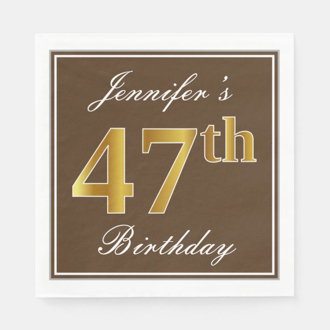 Elegant Brown, Faux Gold 47th Birthday + Name Napkin (Front)