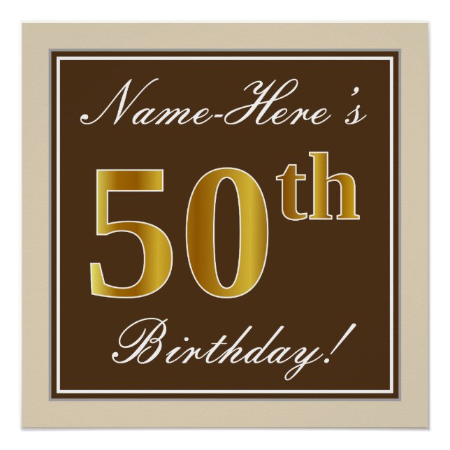 Elegant, Brown, Faux Gold 50th Birthday + Name Poster (Front)