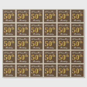 Elegant, Brown, Faux Gold 50th Birthday + Name Wrapping Paper