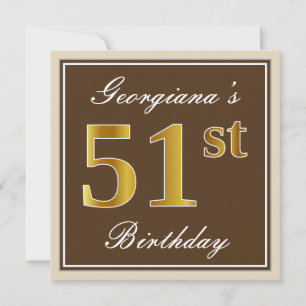 Elegant, Brown, Faux Gold 51st Birthday + Name Invitation
