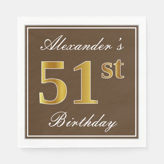 Elegant Brown, Faux Gold 51st Birthday + Name Napkin (Front)