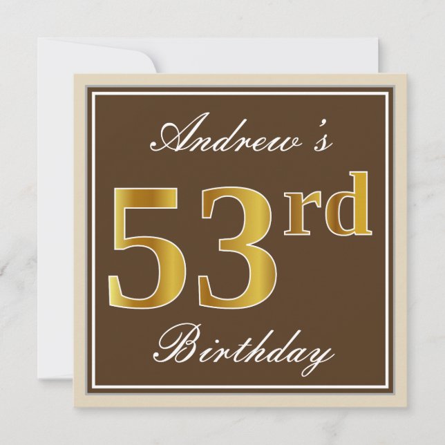 Elegant, Brown, Faux Gold 53rd Birthday + Name Invitation (Front)