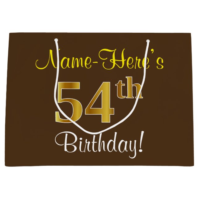 Elegant, Brown, Faux Gold 54th Birthday + Name Large Gift Bag (Front)