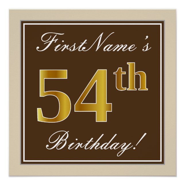 Elegant, Brown, Faux Gold 54th Birthday + Name Poster (Front)