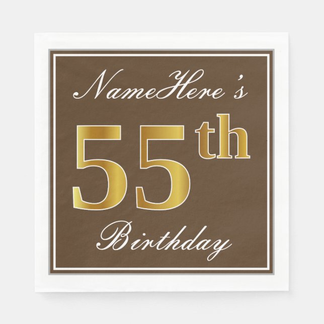 Elegant Brown, Faux Gold 55th Birthday + Name Napkin (Front)