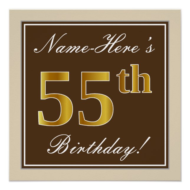 Elegant, Brown, Faux Gold 55th Birthday + Name Poster (Front)