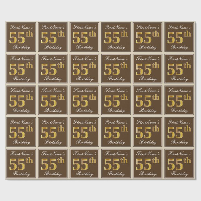 Elegant, Brown, Faux Gold 55th Birthday + Name Wrapping Paper (Flat)
