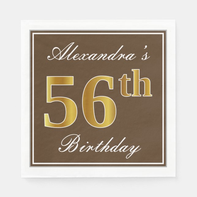 Elegant Brown, Faux Gold 56th Birthday + Name Napkin (Front)