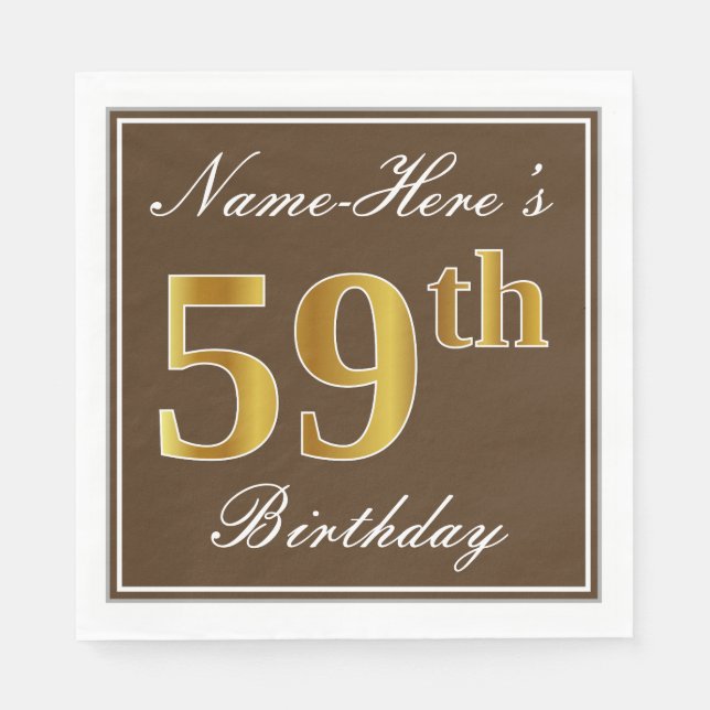 Elegant Brown, Faux Gold 59th Birthday + Name Napkin (Front)