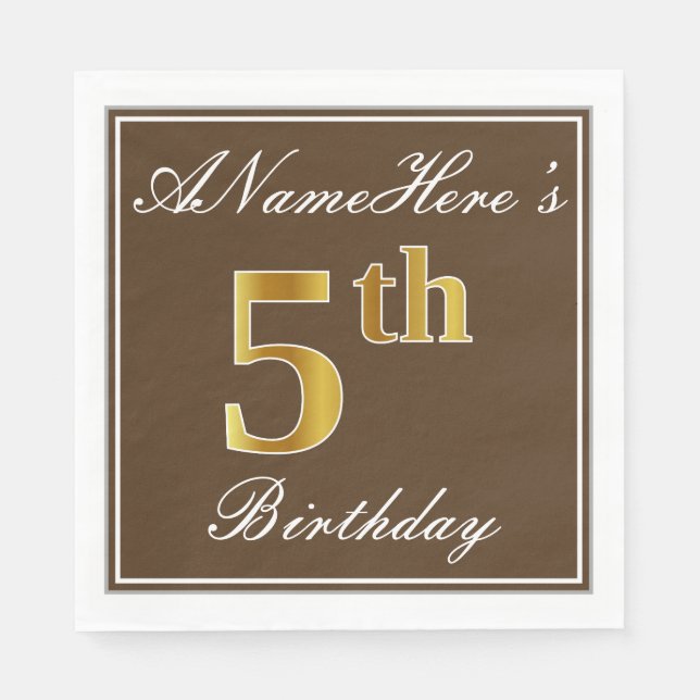 Elegant Brown, Faux Gold 5th Birthday; Custom Name Napkin (Front)