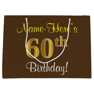Elegant, Brown, Faux Gold 60th Birthday + Name Large Gift Bag