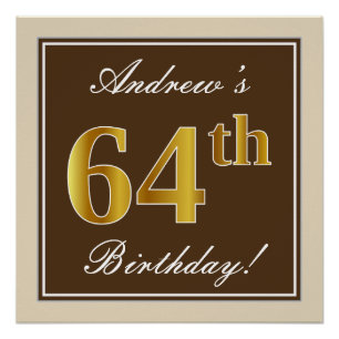Elegant, Brown, Faux Gold 64th Birthday + Name Poster