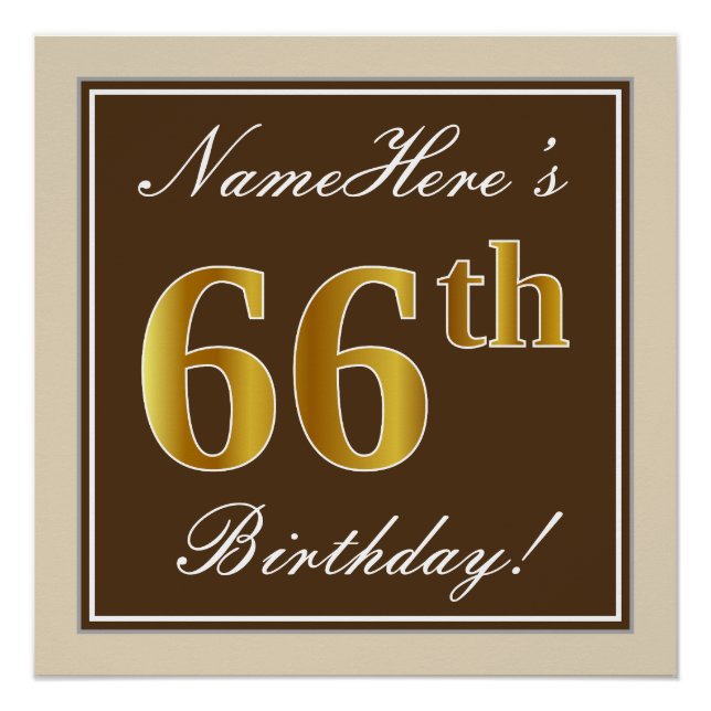 Elegant, Brown, Faux Gold 66th Birthday + Name Poster (Front)