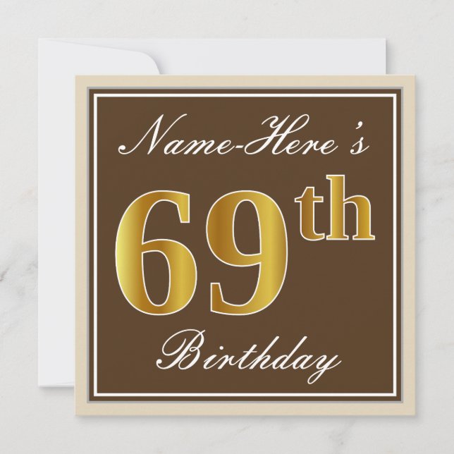 Elegant, Brown, Faux Gold 69th Birthday + Name Invitation (Front)
