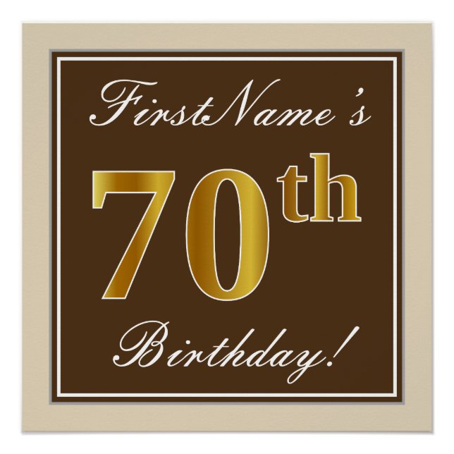 Elegant, Brown, Faux Gold 70th Birthday + Name Poster (Front)
