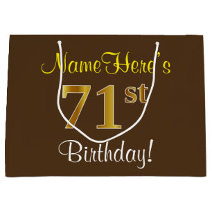 Elegant, Brown, Faux Gold 71st Birthday + Name Large Gift Bag