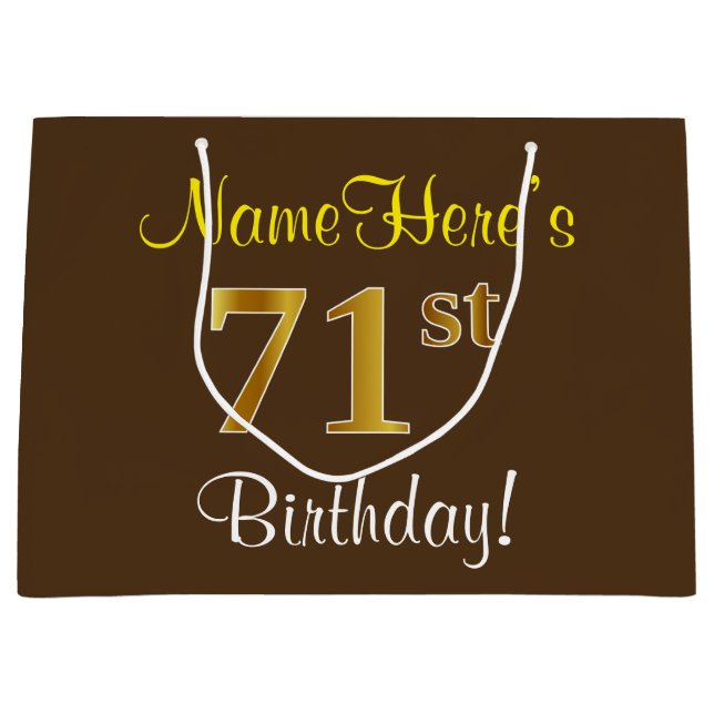 Elegant, Brown, Faux Gold 71st Birthday + Name Large Gift Bag (Front)