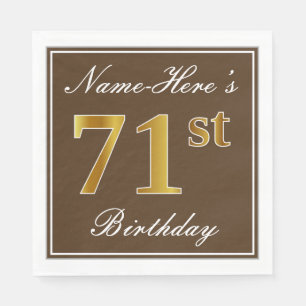 Elegant Brown, Faux Gold 71st Birthday + Name Napkin