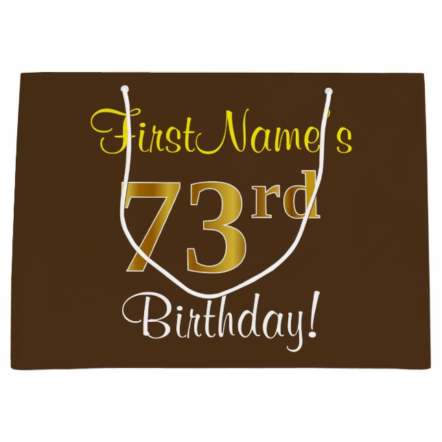 Elegant, Brown, Faux Gold 73rd Birthday + Name Large Gift Bag (Front)