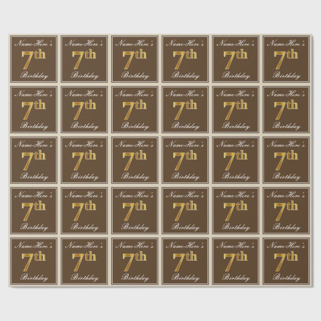 Elegant, Brown, Faux Gold 7th Birthday + Name Wrapping Paper (Flat)