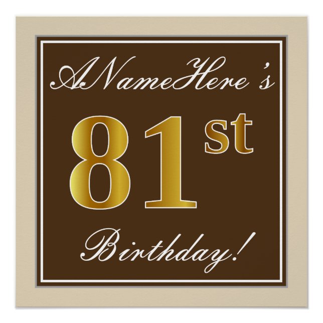 Elegant, Brown, Faux Gold 81st Birthday + Name Poster (Front)
