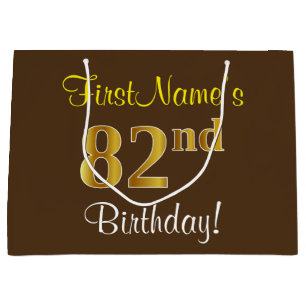 Elegant, Brown, Faux Gold 82nd Birthday + Name Large Gift Bag
