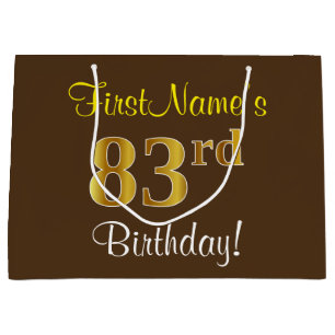 Elegant, Brown, Faux Gold 83rd Birthday + Name Large Gift Bag