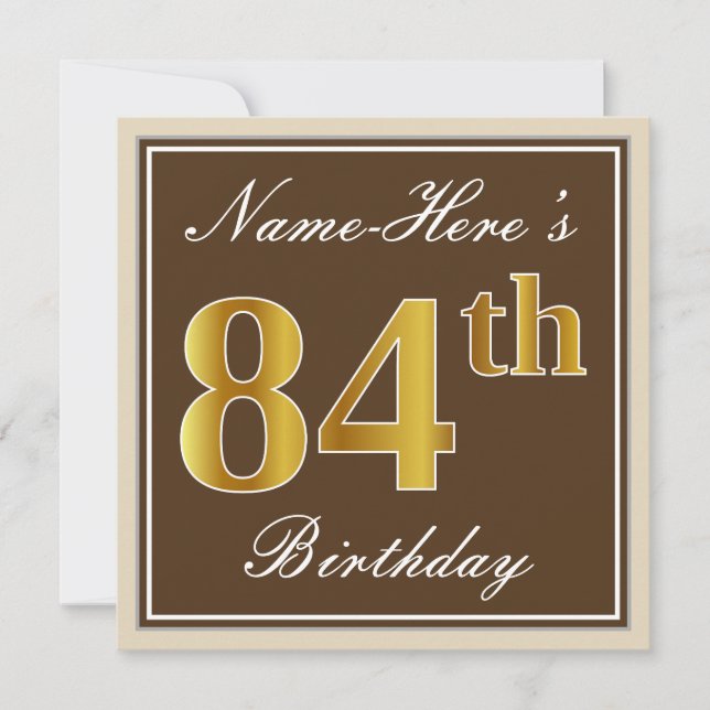 Elegant, Brown, Faux Gold 84th Birthday + Name Invitation (Front)