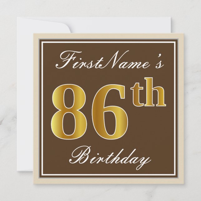 Elegant, Brown, Faux Gold 86th Birthday + Name Invitation (Front)
