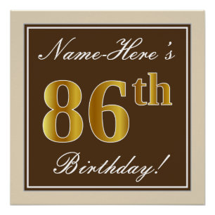 Elegant, Brown, Faux Gold 86th Birthday + Name Poster