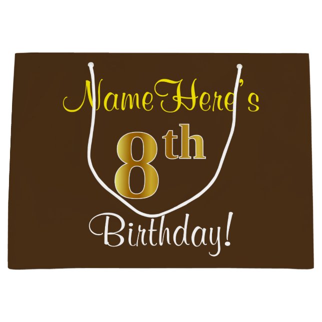 Elegant, Brown, Faux Gold 8th Birthday + Name Large Gift Bag (Front)