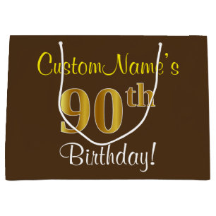 Elegant, Brown, Faux Gold 90th Birthday + Name Large Gift Bag